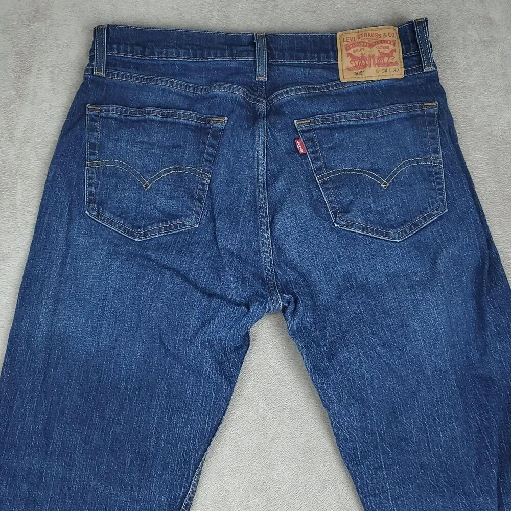 Levis 505 Jeans Mens 34x32 Blue Medium Wash Straight Stretch Zip Fly Denim